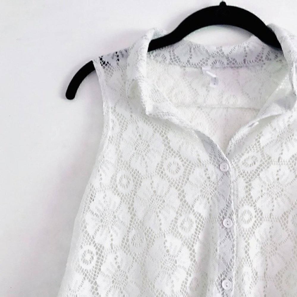 Nella Fantasia Tank Top S Knit Mesh Front Tie White Coverup Vacation Trip Swim - Picture 3 of 9